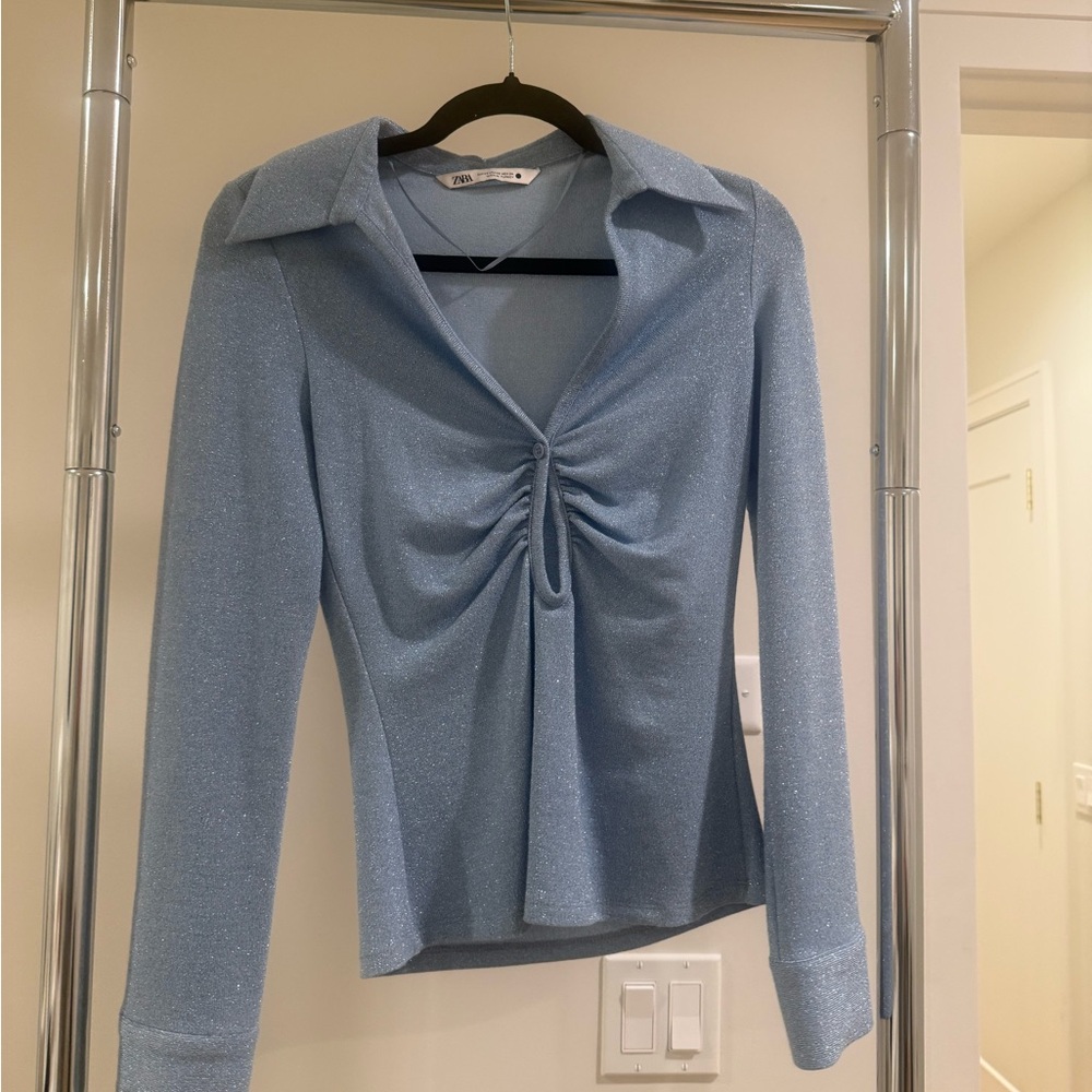 Zara Shimmering Light Blue Ruched Blouse